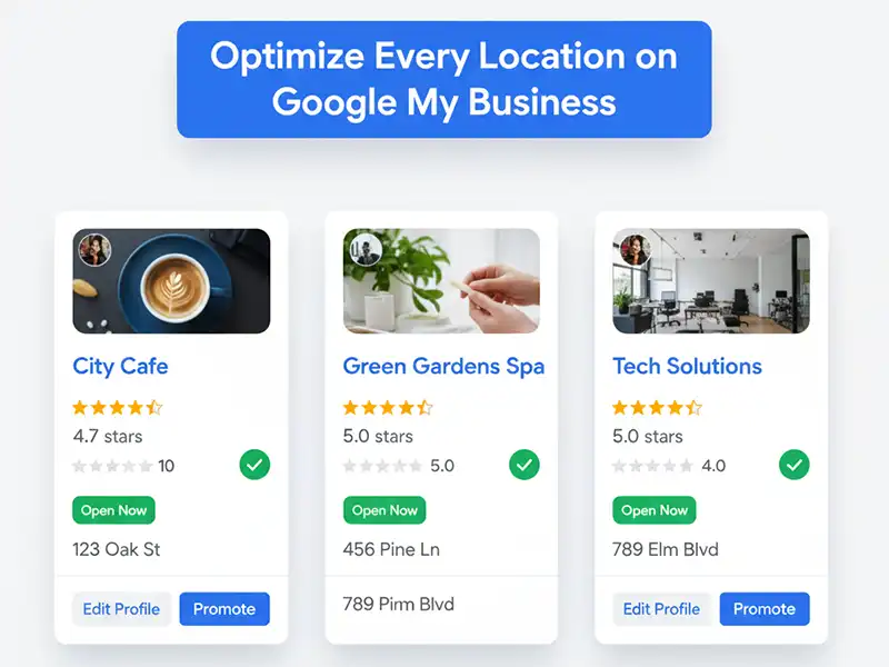 Illustration of optimized Google My Business listings for multiple business locations.