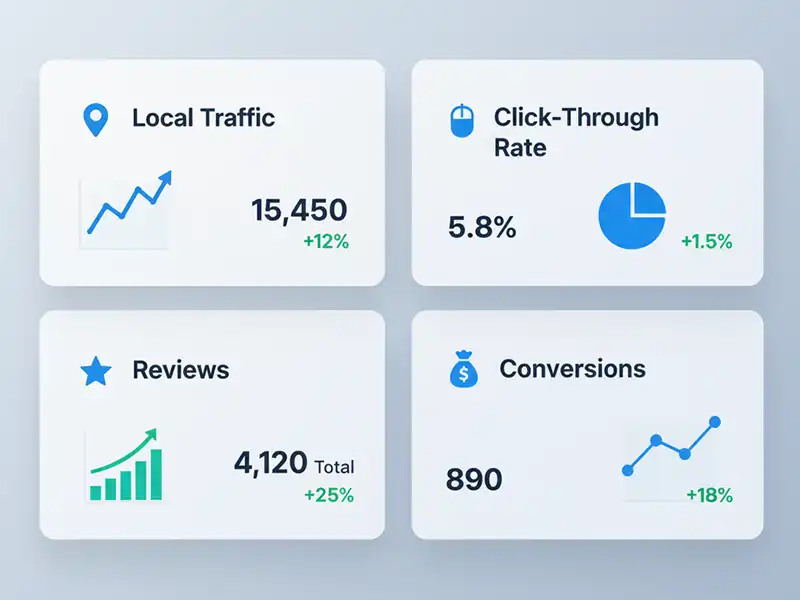 Infographic showing local SEO performance metrics and analytics for multiple locations.