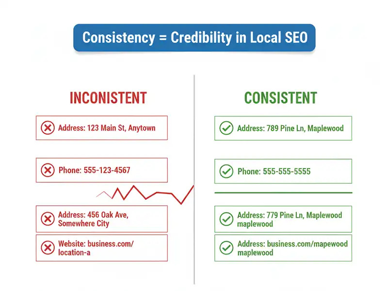 Comparison graphic showing inconsistent vs. consistent business NAP data for local SEO improvement.