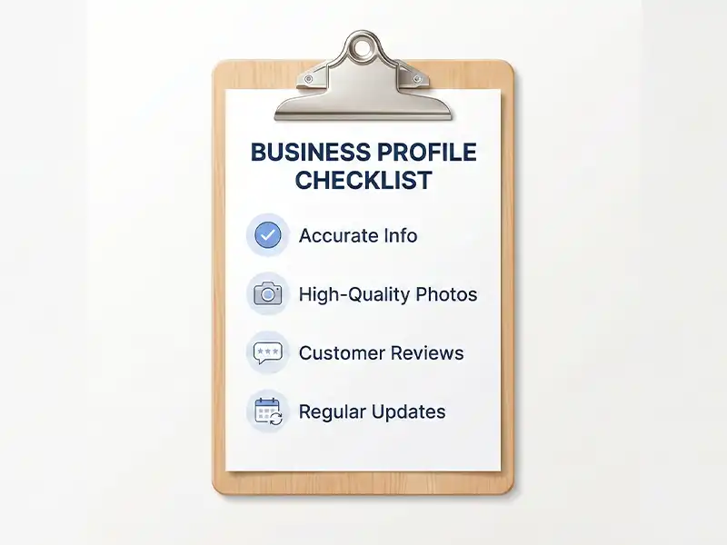 Checklist infographic showing steps to optimize a Google Business Profile.