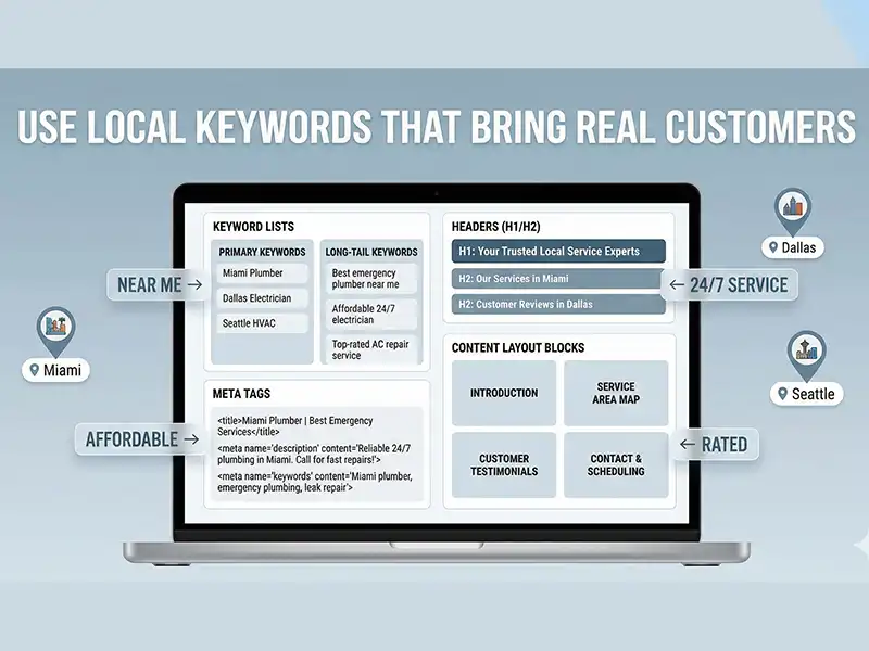 Infographic showing laptop with keyword research elements and local SEO tags