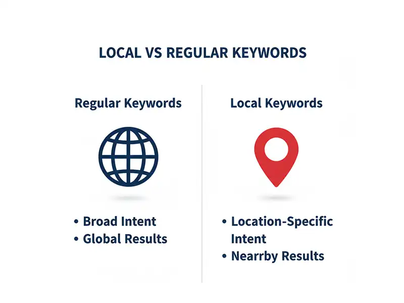 Side-by-side visual comparing regular keywords with local keywords.
