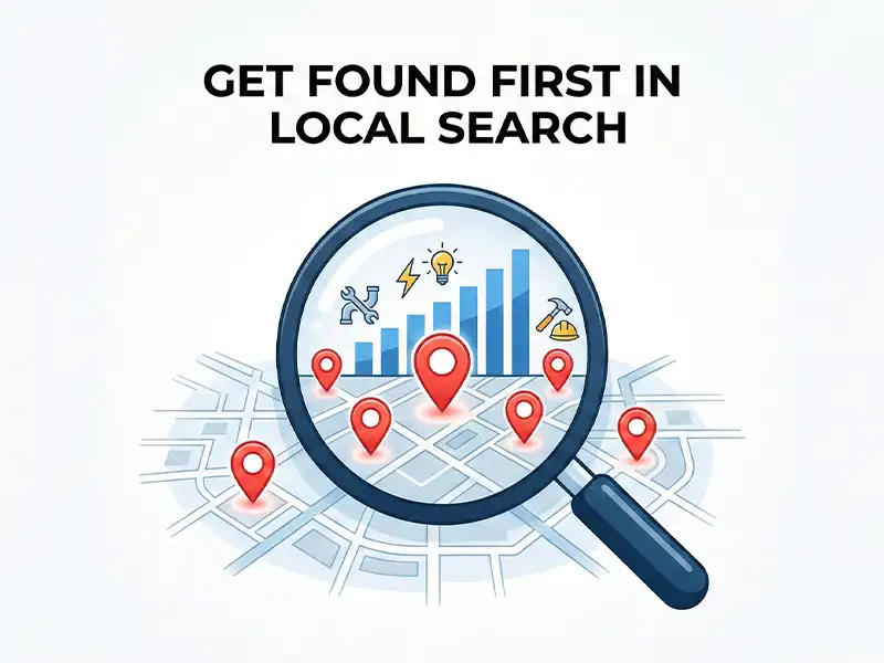 Graphic showing map pins and rising chart explaining why local SEO increases visibility