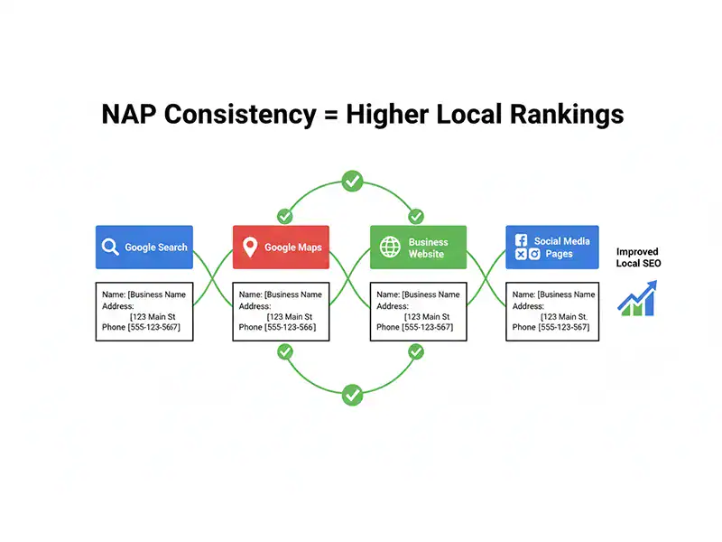 Infographic showing NAP consistency across online platforms for local SEO