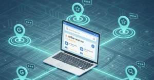 Digital map illustration showing multiple business locations connected through Local SEO and Google search optimization.