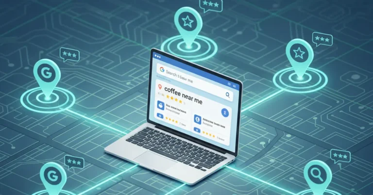 Digital map illustration showing multiple business locations connected through Local SEO and Google search optimization.