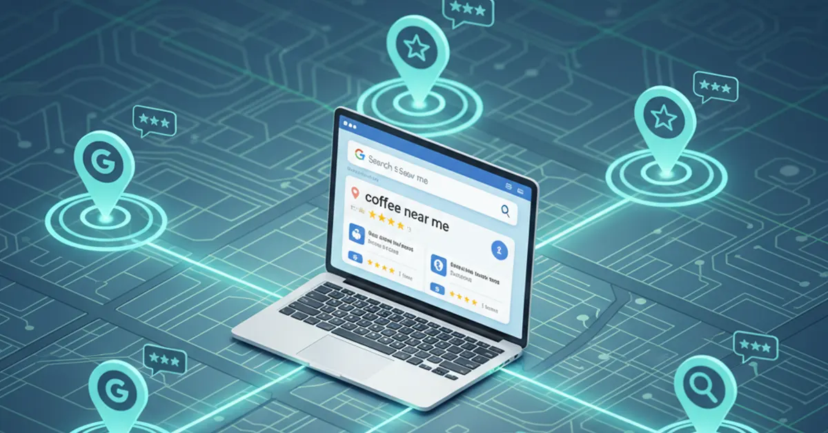 Digital map illustration showing multiple business locations connected through Local SEO and Google search optimization.