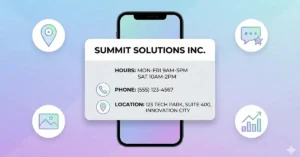 Infographic showing a smartphone with a business profile card and icons representing visibility, reviews, and analytics.