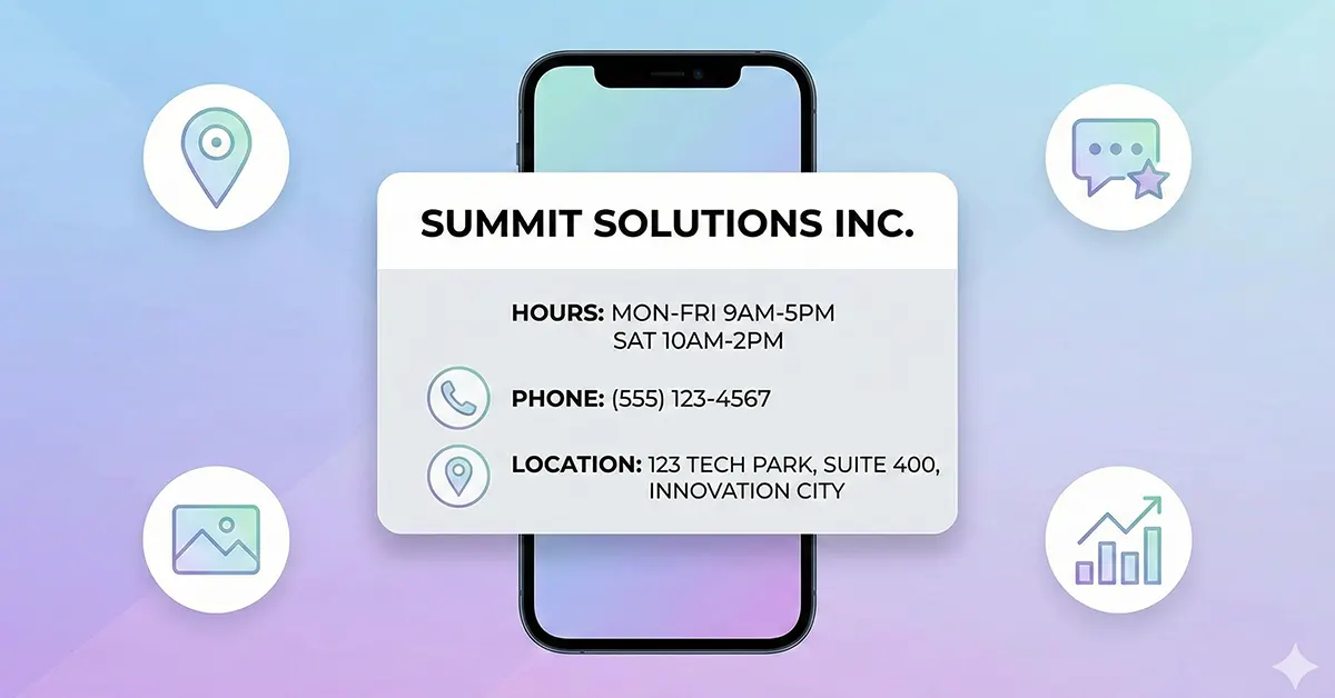 Infographic showing a smartphone with a business profile card and icons representing visibility, reviews, and analytics.