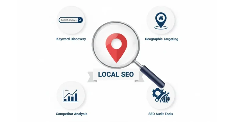 Infographic showing how local keyword research functions using map pin and SEO icons.