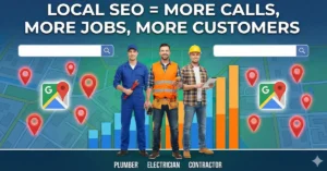 Infographic showing local SEO growth elements for service professionals with map pins and search interface graphics