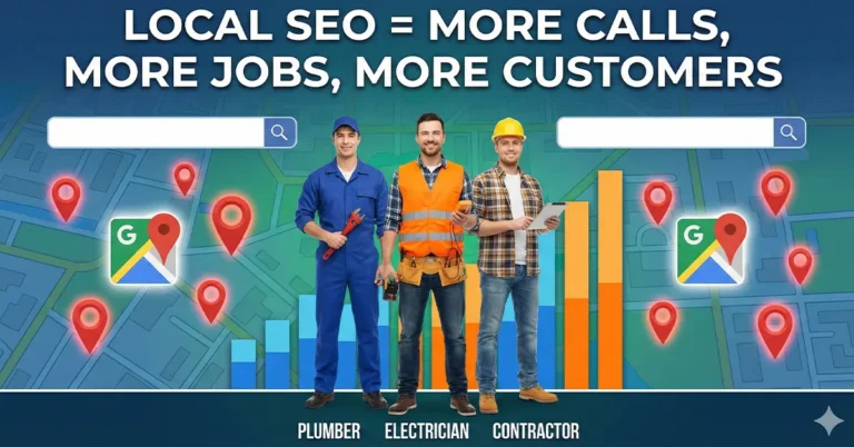 Infographic showing local SEO growth elements for service professionals with map pins and search interface graphics