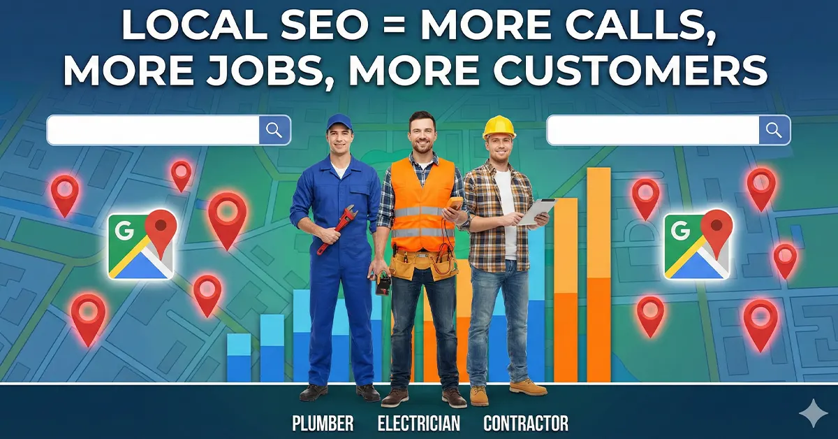 Infographic showing local SEO growth elements for service professionals with map pins and search interface graphics
