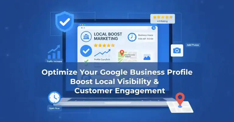 Infographic showing Google Business Profile optimization checklist with dashboard, reviews, verification, and local SEO elements