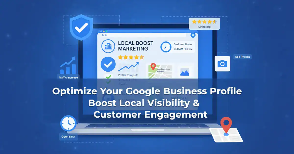 Infographic showing Google Business Profile optimization checklist with dashboard, reviews, verification, and local SEO elements