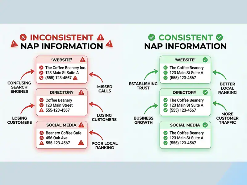 Example of consistent vs inconsistent business name address phone information