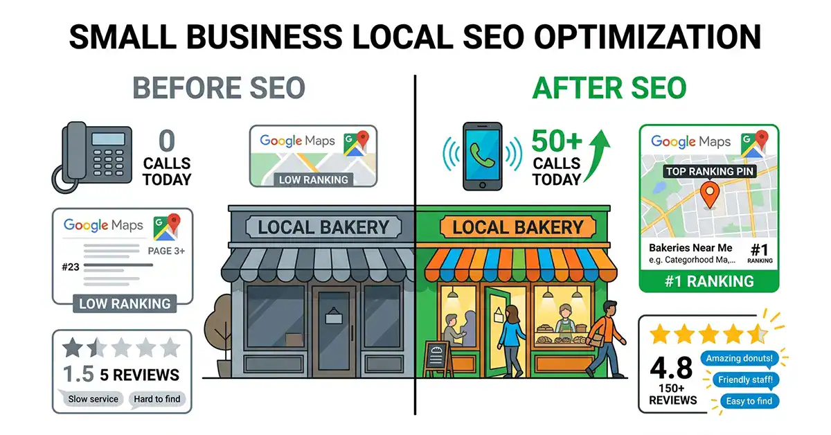Local SEO transformation showing increase in calls and visibility
