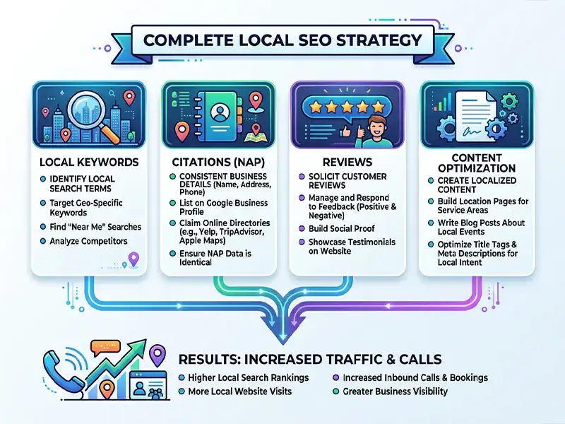 local SEO strategy infographic with keywords citations reviews and content