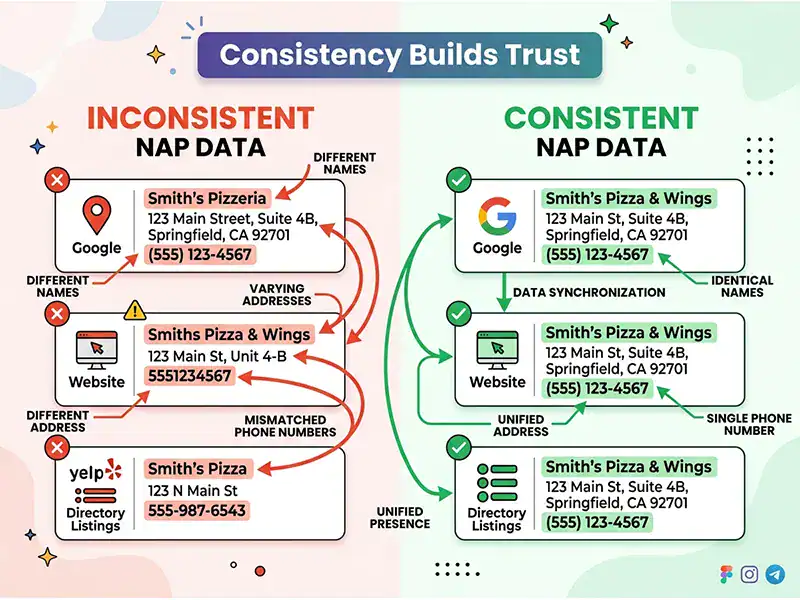 Consistent vs inconsistent business name address phone data comparison